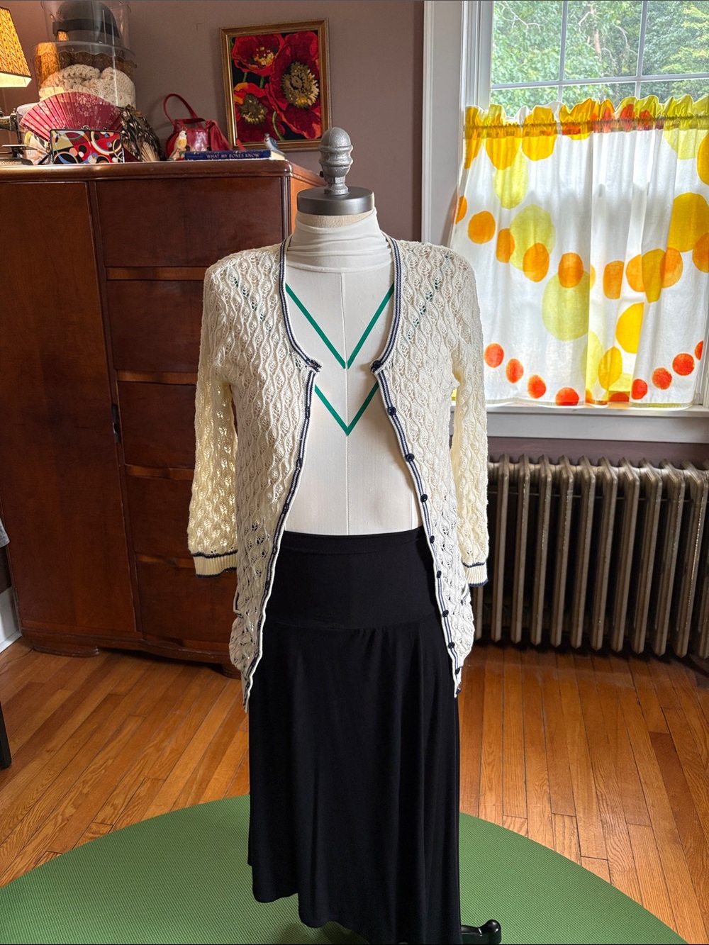 Charlotte Russe Cream Open-Knit Cardigan with Navy Trim size Medium